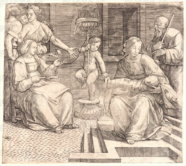 Giacomo Francia (aka Jacopo Francia) (Italian, ca. 1486 - 1557). The Holy Family, with St. Elizabeth and the Infant St. John the Baptist, 16th century. Engraving.