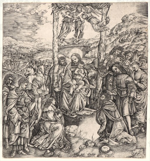 Cristofano Robetta (Italian, 1462 - ca. 1535). The Adoration of the Magi, after 1500. Engraving on rough laid paper. Plate: 296 mm x 278 mm (11.65 in. x 10.94 in.) (sheet dimensions are irregular with height from 297 mm. at left to 289 mm. at right, and width from 279 mm. at top to 275 mm. at bottom; plate height is irregular, ranging from 293 mm. at left to 296 mm. at right).