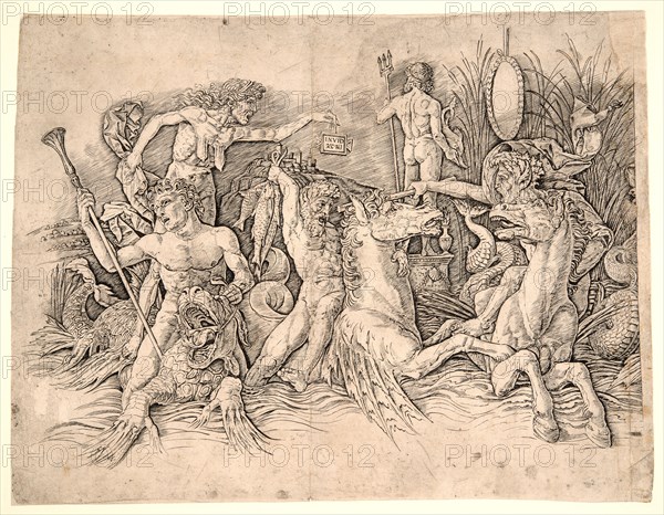 Andrea Mantegna (Italian, ca. 1431 - 1506). Battle of the Sea-Gods [left side], ca. 1470-1480. Engraving and drypoint on laid paper. Plate: 340 mm x 444 mm (13.39 in. x 17.48 in.).