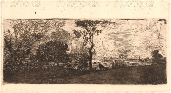 Théodore Rousseau (French, 1812 - 1867). Un Site de Berry, 1842. Etching on laid paper. Plate: 97 mm x 182 mm (3.82 in. x 7.17 in.). Only state.