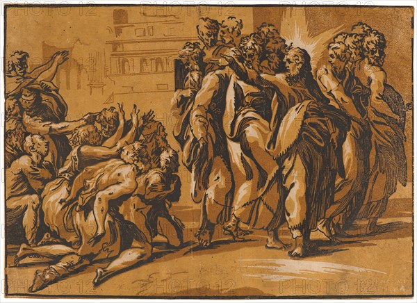 Giuseppe Nicola Rossigliani (Italian, active ca. 1510 â€ì ca. 1540) after Parmigianino (aka Francesco Mazzola, Italian, 1503 - 1540). Christ Healing the Lepers, ca. 1530-1540. Chiaroscuro woodcut printed from three blocks in black, light brown, and dark brown on laid paper. Image: 301 mm x 415 mm (11.85 in. x 16.34 in.). First of two states.