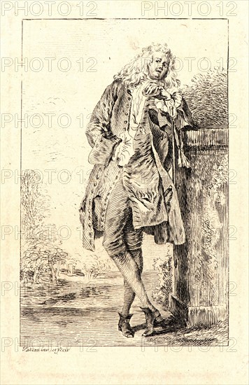 Jean-Antoine Watteau (French, 1684 - 1721). Standing Man, Leaning on His Elbow (L'Homme Debout), ca. 1710. From Figures de Mode. Etching and engraving on laid paper. Plate: 123 mm x 77 mm (4.84 in. x 3.03 in.). Fourth of seven states.