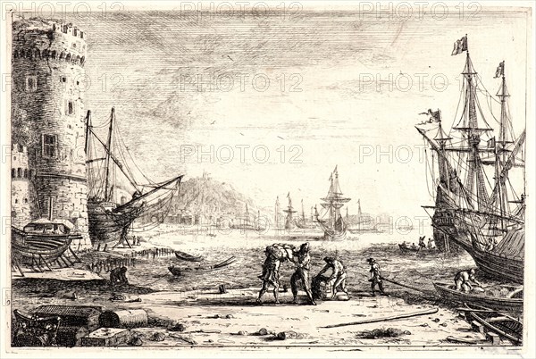 Claude Lorrain (French, 1604 - 1682). Seaport with a Round Tower, 1635-1636. Etching.