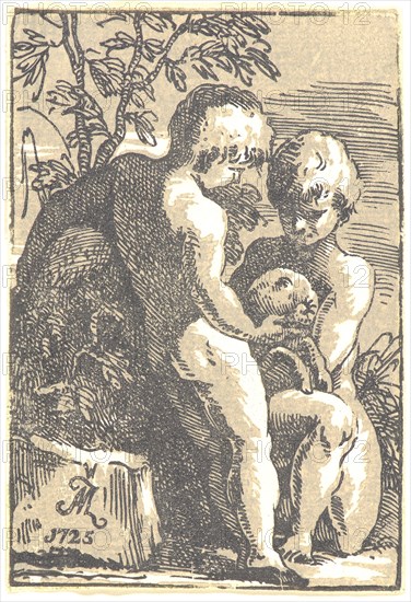 Antonio Maria Zanetti I (Italian, 1680 - 1757). Two Boys Caressing a Lamb. Chiaroscuro woodcut.