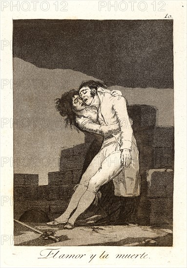 Francisco de Goya (Spanish, 1746-1828). El amor y la muerte. (Love and death.), 1796-1797. From Los Caprichos, no. 10. Etching, burnished aquatint, and burin. Plate: 215 mm x 150 mm (8.46 in. x 5.91 in.).