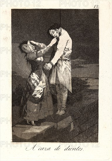 Francisco de Goya (Spanish, 1746-1828). A caza de dientes. (Out hunting for teeth.), 1796-1797. From Los Caprichos, no. 12. Etching, burnished aquatint, and burin. Plate: 214 mm x 150 mm (8.43 in. x 5.91 in.).