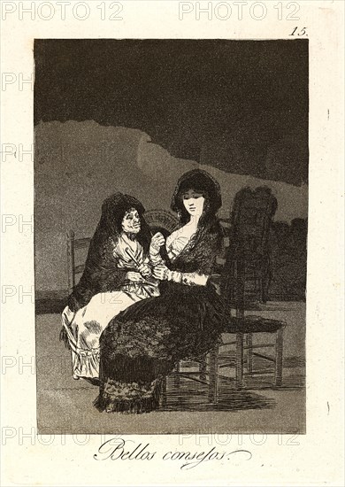 Francisco de Goya (Spanish, 1746-1828). Bellos consejos. (Pretty teachings.), 1796-1797. From Los Caprichos, no. 15. Etching, burnished aquatint, and burin. Plate: 215 mm x 150 mm (8.46 in. x 5.91 in.).