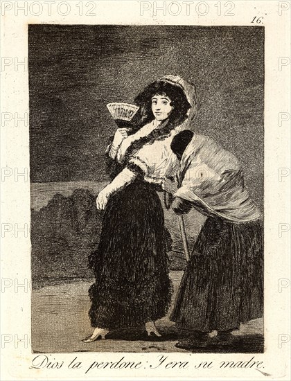 Francisco de Goya (Spanish, 1746-1828). Dios la perdone: Y era su madre. (For heaven's sake: and it was her mother.), 1796-1797. From Los Caprichos, no. 16. Etching, aquatint, and drypoint. Plate: 196 mm x 148 mm (7.72 in. x 5.83 in.).