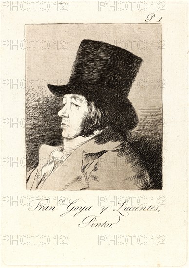 Francisco de Goya (Spanish, 1746-1828). Francisco Goya y Lucientes, Pintor (Francisco Goya y Lucientes, painter), 1796-1797. From Los Caprichos, no. 1. Etching, aquatint, and drypoint on cream laid paper. Plate: 215 mm x 151 mm (8.46 in. x 5.94 in.). Third of three states.