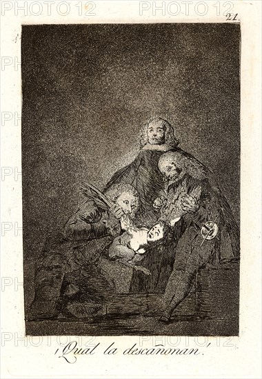 Francisco de Goya (Spanish, 1746-1828). Â¡Qual la descaÃ±onan! (How they pluck her!), 1796-1797. From Los Caprichos, no. 21. Etching and burnished aquatint. Plate: 215 mm x 147 mm (8.46 in. x 5.79 in.).