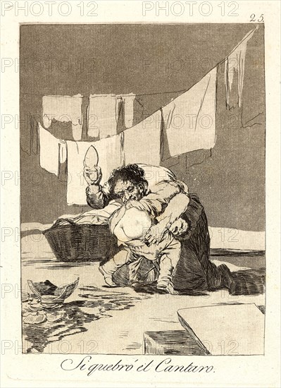 Francisco de Goya (Spanish, 1746-1828). Si quebrÃ³ el Cantaro. (Yes he broke the pot.), 1796-1797. From Los Caprichos, no. 25. Etching, aquatint, and drypoint on cream laid paper. Plate: 206 mm x 150 mm (8.11 in. x 5.91 in.).