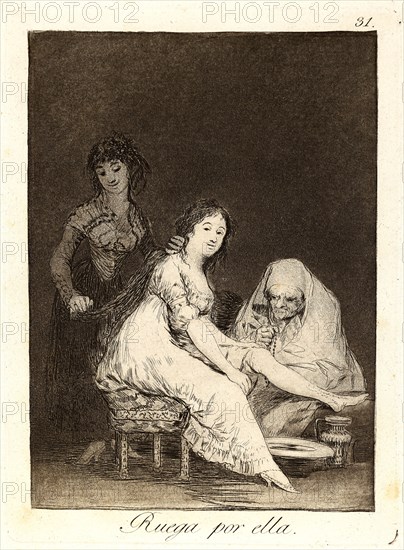 Francisco de Goya (Spanish, 1746-1828). Ruega por ella. (She prays for her.), 1796-1797. From Los Caprichos, no. 31. Etching, burnished aquatint, drypoint, and burin. Plate: 205 mm x 150 mm (8.07 in. x 5.91 in.).