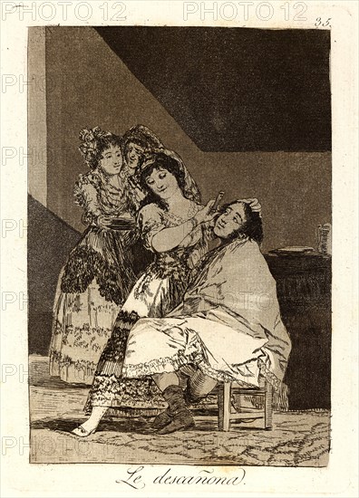 Francisco de Goya (Spanish, 1746-1828). Le descañona. (She fleeces him.), 1796-1797. From Los Caprichos, no. 35. Etching and burnished aquatint. Plate: 215 mm x 152 mm (8.46 in. x 5.98 in.).