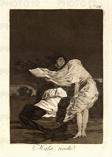 Francisco de Goya (Spanish, 1746-1828). Mala noche. (A bad night.), 1796-1797. From Los Caprichos, no. 36. Etching and burnished aquatint. Plate: 215 mm x 151 mm (8.46 in. x 5.94 in.).