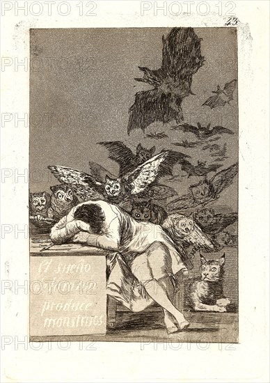 Francisco de Goya (Spanish, 1746-1828). El sueÃ±o de la razon produce monstruos. (The sleep of reason produces monsters.), 1796-1797. From Los Caprichos, no. 43. Etching and aquatint. Plate: 213 mm x 150 mm (8.39 in. x 5.91 in.).