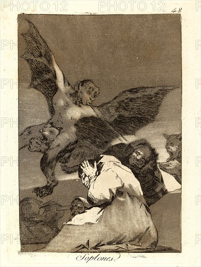 Francisco de Goya (Spanish, 1746-1828). Soplones. (Tale-bearers-Blasts of wind), 1796-1797. From Los Caprichos, no. 48. Etching and burnished aquatint on cream laid paper. Plate: 205 mm x 150 mm (8.07 in. x 5.91 in.).