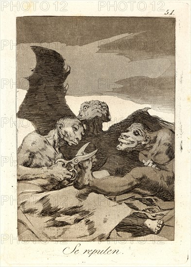 Francisco de Goya (Spanish, 1746-1828). Se repulen. (They spruce themselves up.), 1796-1797. From Los Caprichos, no. 51. Etching, burnished aquatint, and burin on cream laid paper. Plate: 210 mm x 150 mm (8.27 in. x 5.91 in.).