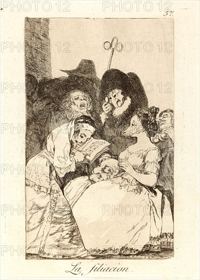 Francisco de Goya (Spanish, 1746-1828). La filiacion. (The filiation.), 1796-1797. From Los Caprichos, no. 57. Etching and aquatint on cream laid paper. Plate: 215 mm x 150 mm (8.46 in. x 5.91 in.).