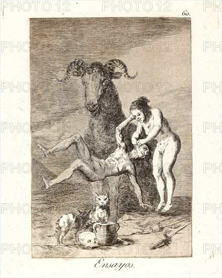 Francisco de Goya (Spanish, 1746-1828). Ensayos. (Trials.), 1796-1797. From Los Caprichos, no. 60. Etching, aquatint, and burin on cream laid paper. Plate: 205 mm x 165 mm (8.07 in. x 6.5 in.).