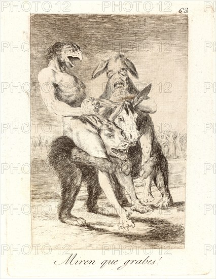 Francisco de Goya (Spanish, 1746-1828). Miren que grabes! (Look how solemn they are!), 1796-1797. From Los Caprichos, no. 63. Etching, aquatint, and drypoint on cream laid paper. Plate: 215 mm x 150 mm (8.46 in. x 5.91 in.).