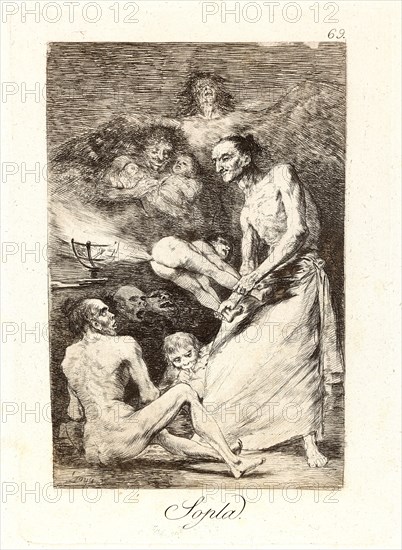 Francisco de Goya (Spanish, 1746-1828). Sopla. (Blow.), 1796-1797. From Los Caprichos, no. 69. Etching, aquatint, drypoint, and burin on cream laid paper. Plate: 210 mm x 150 mm (8.27 in. x 5.91 in.).