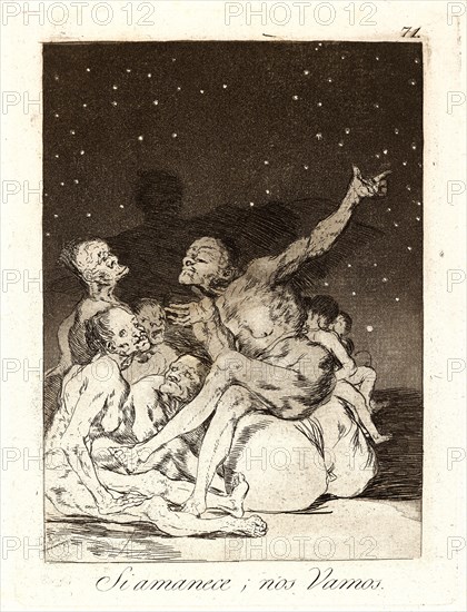 Francisco de Goya (Spanish, 1746-1828). Si amanece; nos Vamos. (When day breaks we will be off.), 1796-1797. From Los Caprichos, no. 71. Etching, burnished aquatint, and burin on cream laid paper. Plate: 200 mm x 150 mm (7.87 in. x 5.91 in.).