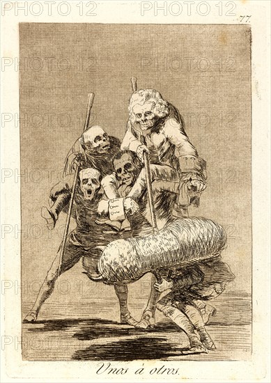 Francisco de Goya (Spanish, 1746-1828). Unos Ã¡ otros. (What one does to another.), 1796-1797. From Los Caprichos, no. 77. Etching, burnished aquatint, drypoint, and burin on cream laid paper. Plate: 215 mm x 150 mm (8.46 in. x 5.91 in.).
