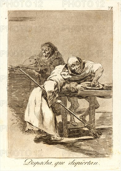 Francisco de Goya (Spanish, 1746-1828). Despacha, que dispiértan. (Be quick, they are waking up.), 1796-1797. From Los Caprichos, no. 78. Etching and burnished aquatint on cream laid paper. Plate: 215 mm x 150 mm (8.46 in. x 5.91 in.).