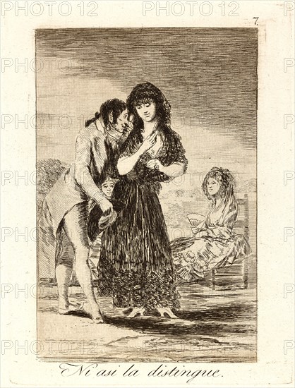 Francisco de Goya (Spanish, 1746-1828). Ni asi la distingue. (Even thus he cannot make her out.), 1796-1797. From Los Caprichos, no. 7. Etching, aquatint, and drypoint. Plate: 196 mm x 150 mm (7.72 in. x 5.91 in.). Second state.
