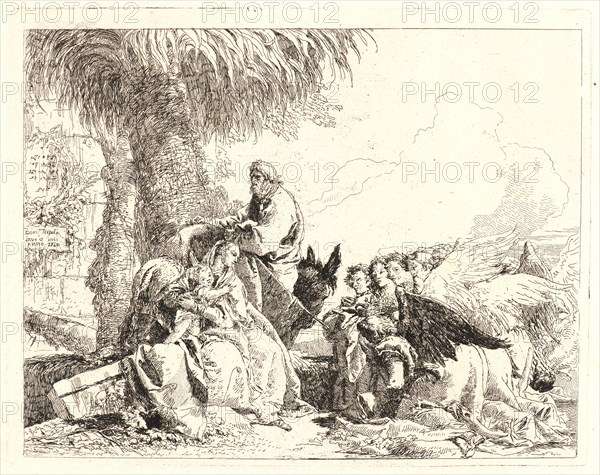 Giovanni Domenico Tiepolo (Italian, 1727 - 1804). The Rest on the Flight, with Adoring Angels, 1750-1753. From Picturesque Ideas on the Flight Into Egypt. Etching on laid paper. Plate: 192 mm x 245 mm (7.56 in. x 9.65 in.).
