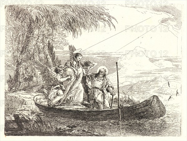 Giovanni Domenico Tiepolo (Italian, 1727 - 1804). The Madonna, Child and Angels Entering the Boat, 1750-1753. From Picturesque Ideas on the Flight Into Egypt. Etching on laid paper. Plate: 178 mm x 239 mm (7.01 in. x 9.41 in.).