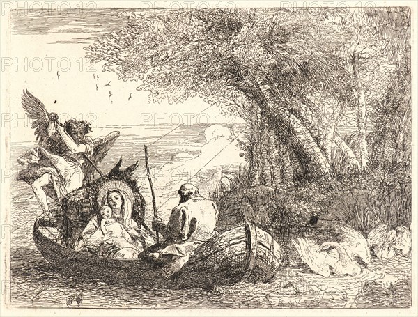 Giovanni Domenico Tiepolo (Italian, 1727 - 1804). The Holy Family Being Ferried across the River, 1750-1753. From Picturesque Ideas on the Flight Into Egypt. Etching on laid paper. Plate: 177 mm x 237 mm (6.97 in. x 9.33 in.).