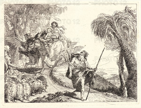 Giovanni Domenico Tiepolo (Italian, 1727 - 1804). The Flight with Joseph in the Foreground, 1752. From Picturesque Ideas on the Flight Into Egypt. Etching on laid paper. Plate: 188 mm x 250 mm (7.4 in. x 9.84 in.).