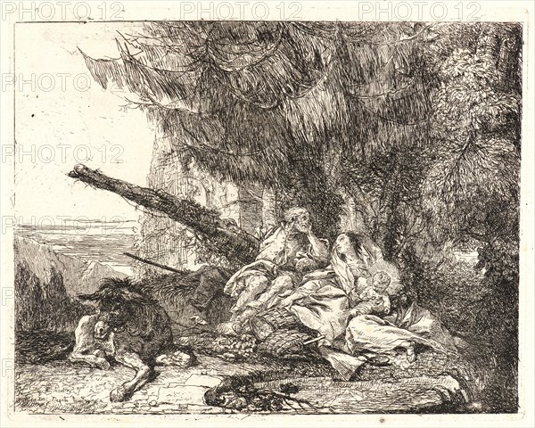 Giovanni Domenico Tiepolo (Italian, 1727 - 1804). The Rest on the Flight, 1750- 1753. From Picturesque Ideas on the Flight Into Egypt. Etching on laid paper. Plate: 194 mm x 241 mm (7.64 in. x 9.49 in.).