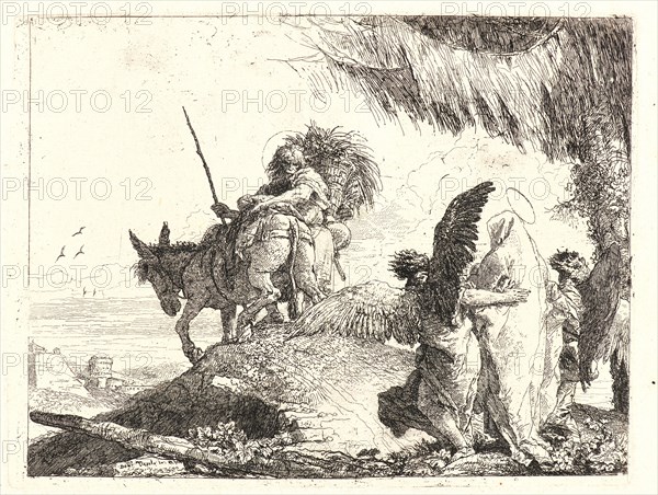 Giovanni Domenico Tiepolo (Italian, 1727 - 1804). The Flight, with Madonna at Right Supported by Angels, 1750-1753. From Picturesque Ideas on the Flight Into Egypt. Etching on laid paper. Plate: 190 mm x 247 mm (7.48 in. x 9.72 in.).