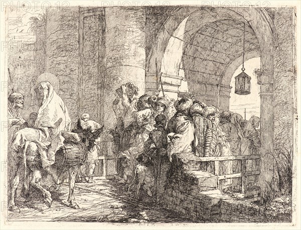 Giovanni Domenico Tiepolo (Italian, 1727 - 1804). The Holy Family Arriving at a City Gate, 1750-1753. From Picturesque Ideas on the Flight Into Egypt. Etching on laid paper. Plate: 190 mm x 245 mm (7.48 in. x 9.65 in.).
