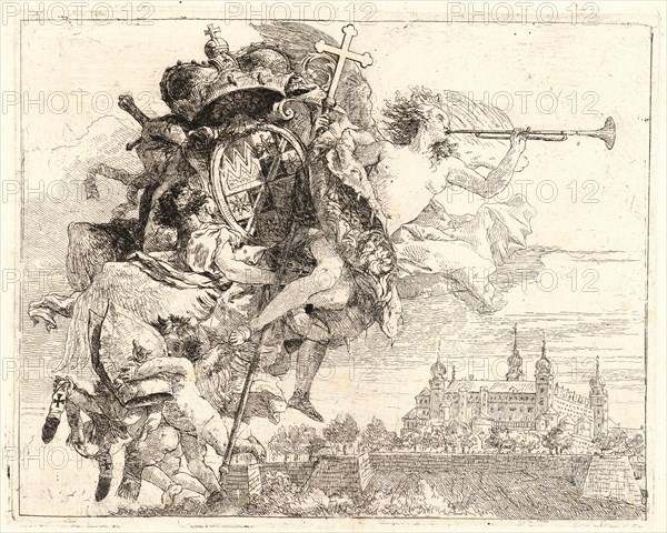 Giovanni Domenico Tiepolo (Italian, 1727 - 1804). Arms of Carl Philipp von Greiffenflau, Prince-Bishop of Wurzburg, 1750-1753. From Picturesque Ideas on the Flight Into Egypt. Etching on laid paper. Plate: 189 mm x 238 mm (7.44 in. x 9.37 in.).