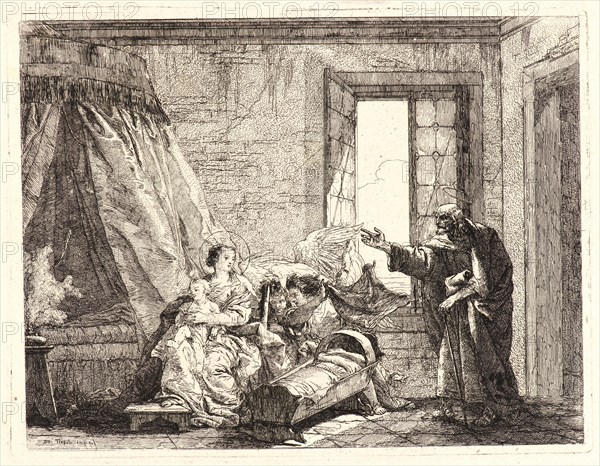 Giovanni Domenico Tiepolo (Italian, 1727 - 1804). Joseph Relays to Mary God's Command to Flee, 1750-1753. From Picturesque Ideas on the Flight Into Egypt. Etching on laid paper. Plate: 190 mm x 240 mm (7.48 in. x 9.45 in.).