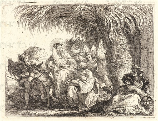 Giovanni Domenico Tiepolo (Italian, 1727 - 1804). Joseph Kneels with the Child before Mary on the Donkey, 1750-1753. From Picturesque Ideas on the Flight Into Egypt. Etching on laid paper. Plate: 190 mm x 252 mm (7.48 in. x 9.92 in.).