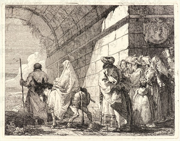 Giovanni Domenico Tiepolo (Italian, 1727 - 1804). The Holy Family Passes under a City Arch, 1750-1753. From Picturesque Ideas on the Flight Into Egypt. Etching on laid paper. Plate: 190 mm x 246 mm (7.48 in. x 9.69 in.).