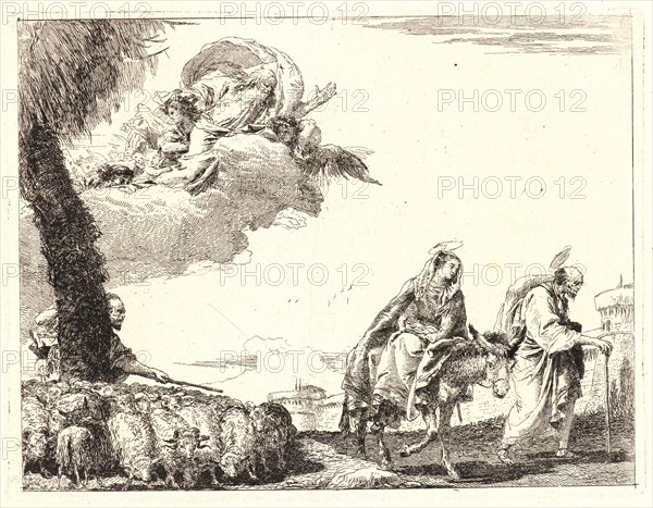 Giovanni Domenico Tiepolo (Italian, 1727 - 1804). The Flight with the Holy Family at the Right, 1750-1753. From Picturesque Ideas on the Flight Into Egypt. Etching on laid paper. Plate: 189 mm x 246 mm (7.44 in. x 9.69 in.).