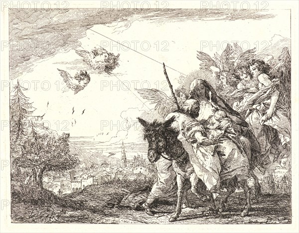 Giovanni Domenico Tiepolo (Italian, 1727 - 1804). Joseph, Standing, Adores the Child, 1750-1753. From Picturesque Ideas on the Flight Into Egypt. Etching on laid paper. Plate: 190 mm x 243 mm (7.48 in. x 9.57 in.).