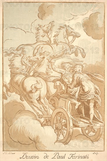 Nicolas Le Sueur (French, 1691 - 1764) after Paolo Farinati (Italian, 1524 - 1606). The Chariot of the Sun, ca. 1729-1742. Chiaroscuro woodcut printed from three blocks in light green, light brown, brown, and dark brown on laid paper. Image: 397 mm x 270 mm (15.63 in. x 10.63 in.).