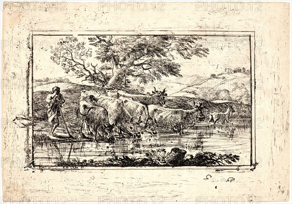 Claude Lorrain (French, 1604 - 1682). Cattle Drinking, 17th century. Etching.