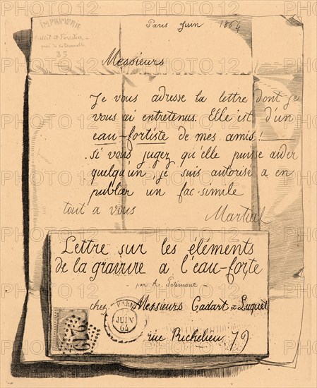 Adolphe Martial Potémont (French, 1828 - 1883). Letter on the Elements of Etching (Lettre sur les éléments de la gravure Ã  l'eau-forte), title sheet, 1864. From Lettre sur les éléments de la gravure Ã  l'eau-forte. Etching and drypoint on tan wove paper.