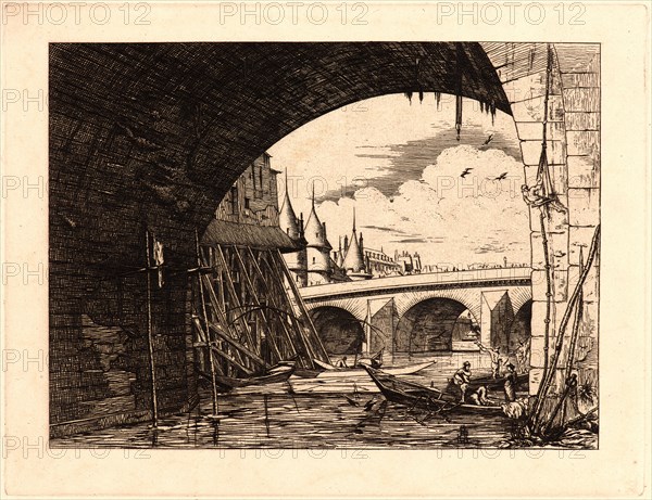 Edmond Gosselin (French, 19th century) after Charles Meryon (French, 1821 - 1868). L'Arch du Pont, Notre Dame, 1881. From Eaux-Fortes sur Paris d'aprÃ¨s C. Meryon. Etching.