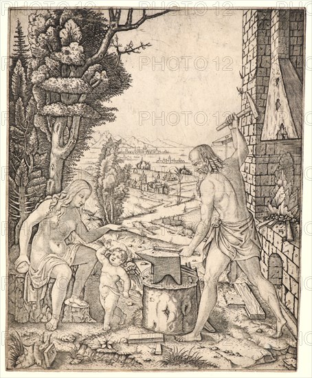 Marcantonio Raimondi (Italian, ca. 1470/1482 - 1527/1534). Vulcan, Venus, and Cupid, ca. 1505-1508. Engraving on laid paper. Plate: 257 mm x 203 mm (10.12 in. x 7.99 in.). Only state.