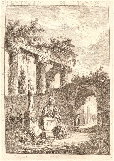 Hubert Robert (French, 1733 - 1808). The Statue before Ruins, 1763-1764. From Evenings in Rome (Les Soirées de Rome). Etching on laid paper. Plate: 136 mm x 95 mm (5.35 in. x 3.74 in.). Second of three states.