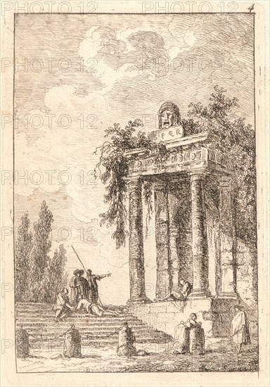 Hubert Robert (French, 1733 - 1808). The Stairway with Four Posts, 1763-1764. From Evenings in Rome (Les Soirées de Rome). Etching on laid paper. Plate: 137 mm x 94 mm (5.39 in. x 3.7 in.). Second of three states.