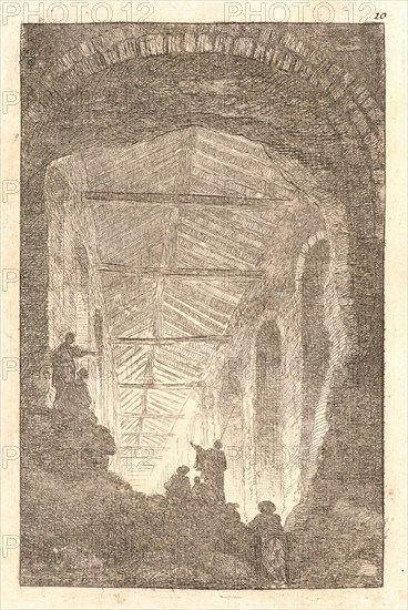 Hubert Robert (French, 1733 - 1808). The Ancient Gallery, 1763-1764. From Evenings in Rome (Les Soirées de Rome). Etching, with a 20th-century pencil sketch on verso on laid paper. Plate: 137 mm x 95 mm (5.39 in. x 3.74 in.). Second of three states.